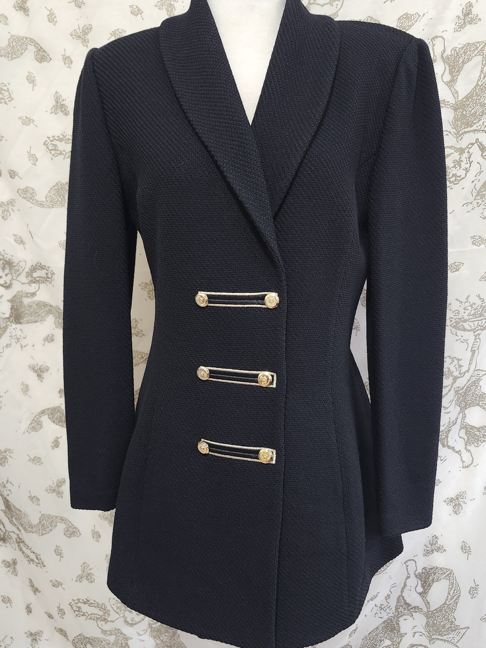 St. John Black Knit Wool Long Blazer Jacket Shawl Lapel 3-Button Sz 6